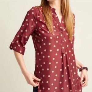 Fun 2 Fun Maroon With Tan Polka Dots 3/4 Sleeve Relaxed Tunic